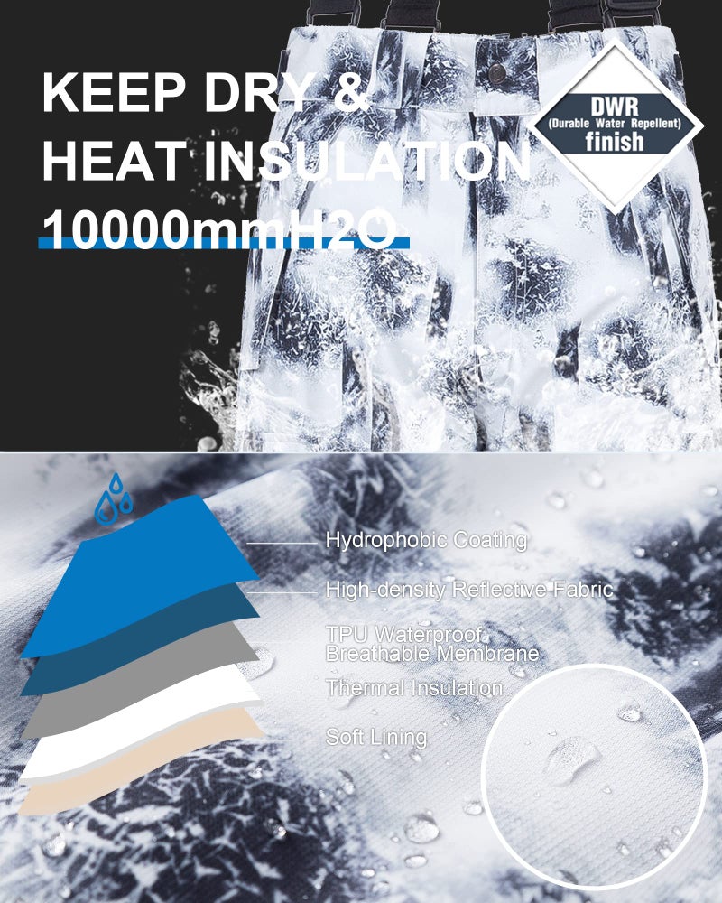 CREATMO US Men's Waterproof Winter Ski Pants Insulated Bibs Trip Black White 2XL - Image 3