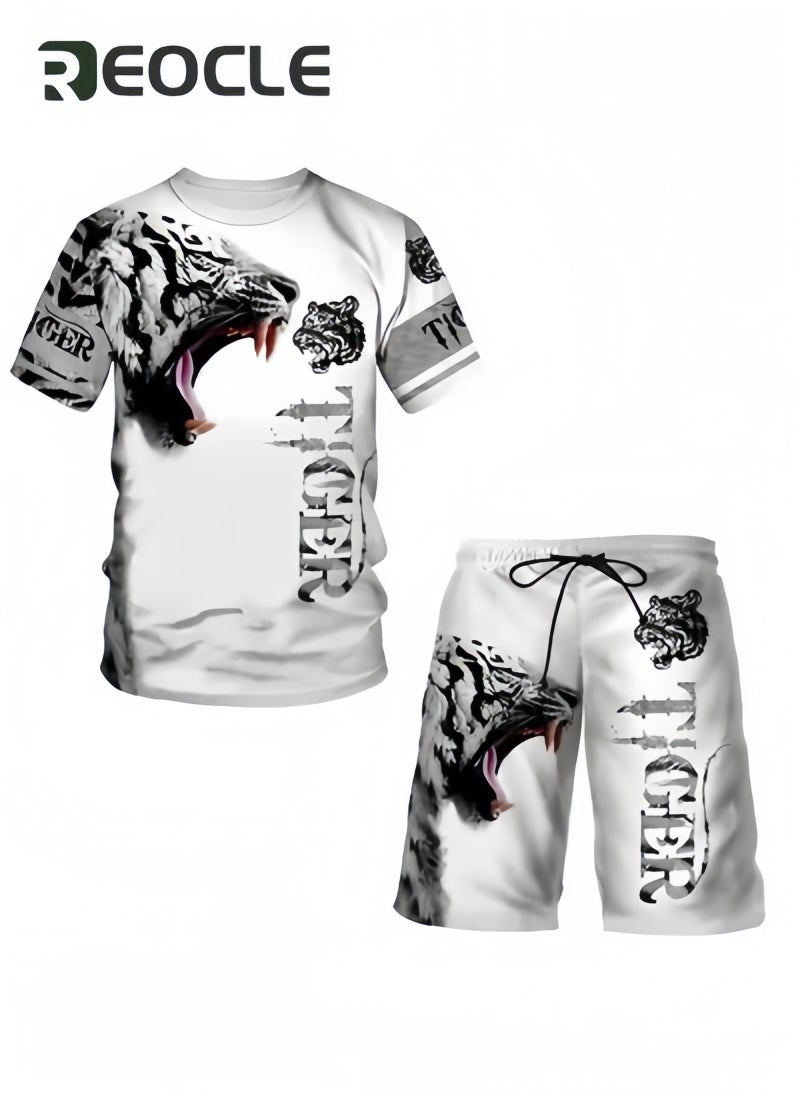 ريوكل طقم مكون من قطعتين للرجال مكون من شورت وبدلة رياضية بطباعة ثلاثية الأبعاد حقيقية وبدلة كاجوال بأكمام قصيرة ورقبة دائرية وقميص وشورت للعطلات - Image 2