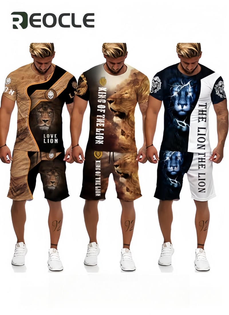 ريوكل طقم مكون من قطعتين للرجال مكون من شورت وبدلة رياضية بطباعة ثلاثية الأبعاد حقيقية وبدلة كاجوال بأكمام قصيرة ورقبة دائرية وقميص وشورت للعطلات - Image 3