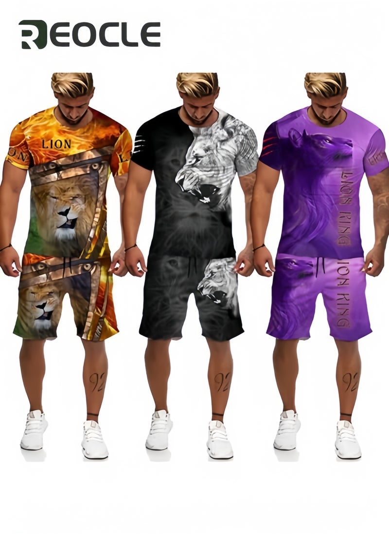 ريوكل طقم مكون من قطعتين للرجال مكون من شورت وبدلة رياضية بطباعة ثلاثية الأبعاد حقيقية وبدلة كاجوال بأكمام قصيرة ورقبة دائرية وقميص وشورت للعطلات - Image 4