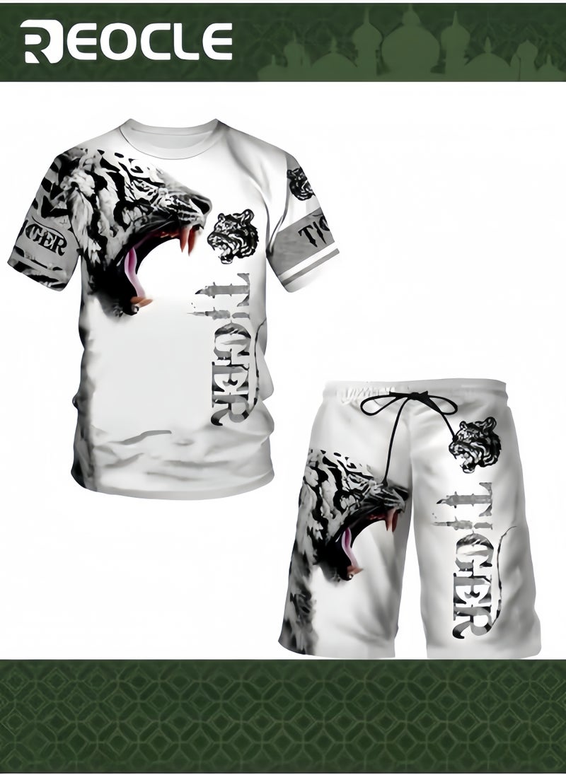 ريوكل طقم مكون من قطعتين للرجال مكون من شورت وبدلة رياضية بطباعة ثلاثية الأبعاد حقيقية وبدلة كاجوال بأكمام قصيرة ورقبة دائرية وقميص وشورت للعطلات - Image 1