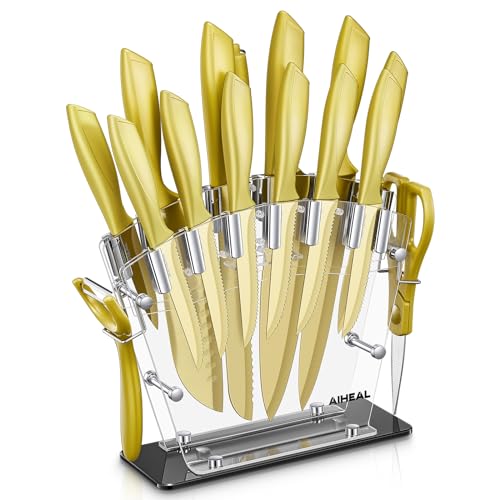 Aiheal Knife Set, 16 Pieces High Carbon Stainless Steel Golden Color Kitchen Knife Set, Titanium Coating Blade, No Rust and Super Sharp Cutlery with Acrylic Stand and Kitchen Scissors, Gift - Image 1