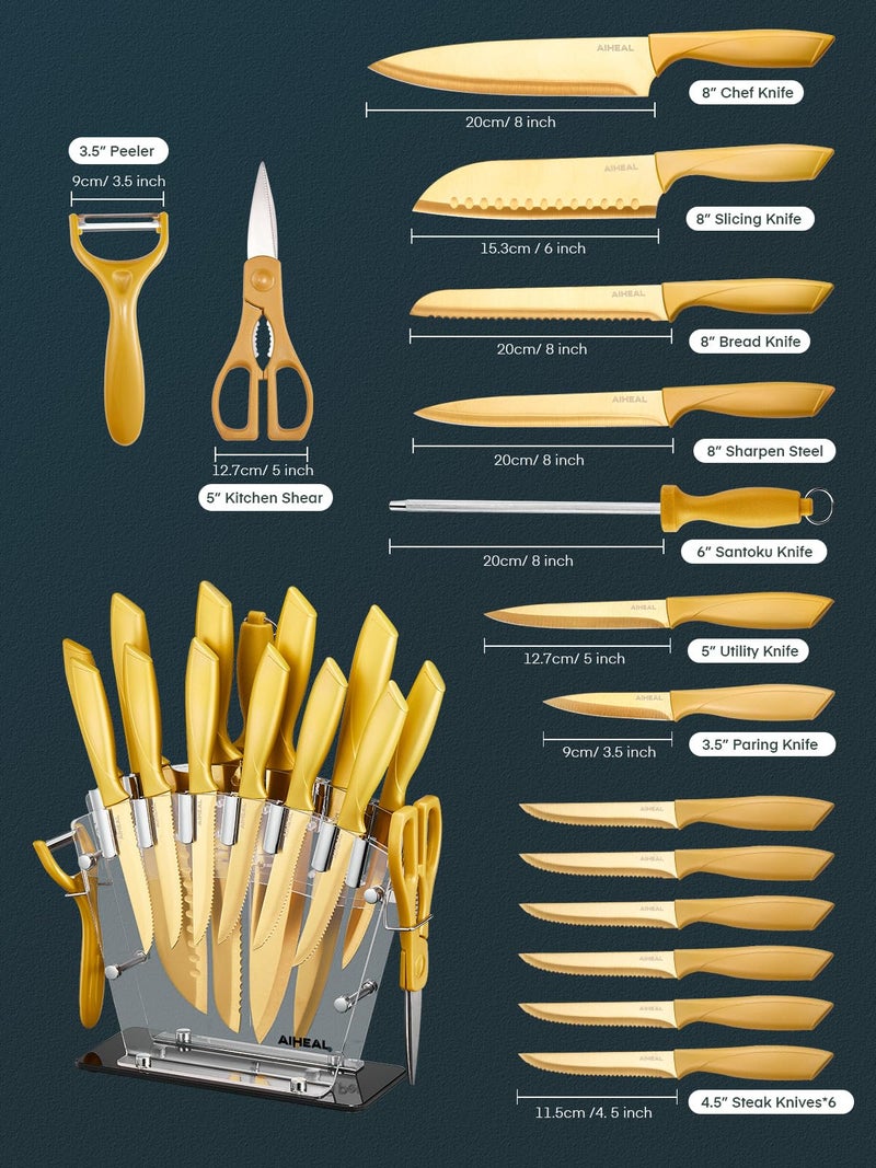 Aiheal Knife Set, 16 Pieces High Carbon Stainless Steel Golden Color Kitchen Knife Set, Titanium Coating Blade, No Rust and Super Sharp Cutlery with Acrylic Stand and Kitchen Scissors, Gift - Image 2