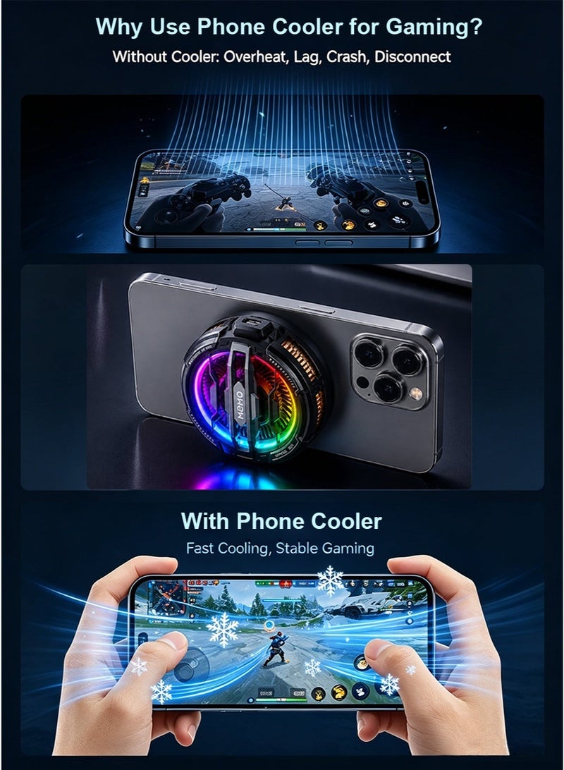 Memo Magnetic Phone Cooler, Portable Phone Cooling Fan, Universal mobile cooler gaming cooler with Semiconductor Refrigeration & 7 Quiet Fans, MagSafe Compatible for iOS/Android/Phone/table, Suitable for Tiktok Live Streaming, Gaming, RGB & Black+Orange with 1 Pair Game Finger Sleeves - Image 2
