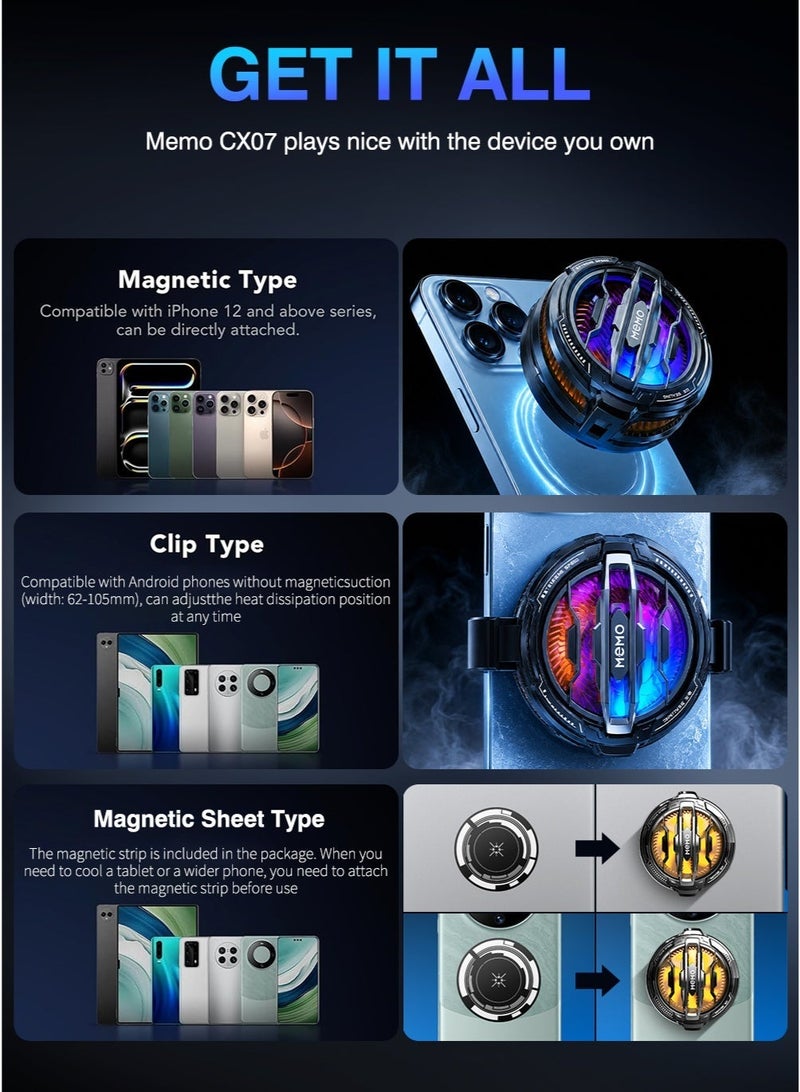 Memo Magnetic Phone Cooler, Portable Phone Cooling Fan, Universal mobile cooler gaming cooler with Semiconductor Refrigeration & 7 Quiet Fans, MagSafe Compatible for iOS/Android/Phone/table, Suitable for Tiktok Live Streaming, Gaming, RGB & Black+Orange with 1 Pair Game Finger Sleeves - Image 3