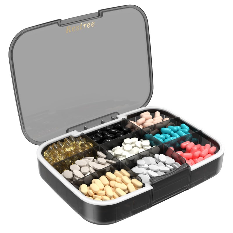 Restree Pill Organizer, Large & Waterproof Travel Pill Case, Adjustable Dividers for Daily Vitamins, Supplements, Fish Oil - Portable Medicine Box for Home & On-The-Go, 9 Compartment (Black) - Image 1