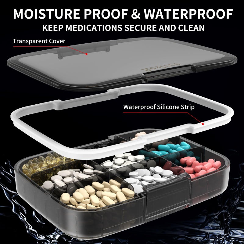 Restree Pill Organizer, Large & Waterproof Travel Pill Case, Adjustable Dividers for Daily Vitamins, Supplements, Fish Oil - Portable Medicine Box for Home & On-The-Go, 9 Compartment (Black) - Image 4