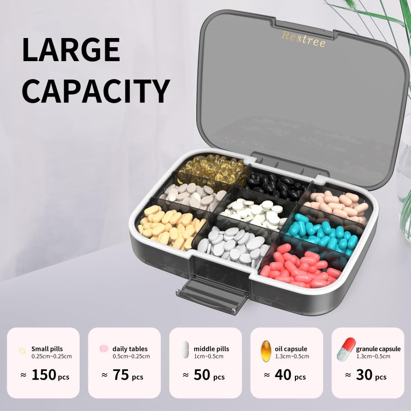 Restree Pill Organizer, Large & Waterproof Travel Pill Case, Adjustable Dividers for Daily Vitamins, Supplements, Fish Oil - Portable Medicine Box for Home & On-The-Go, 9 Compartment (Black) - Image 5