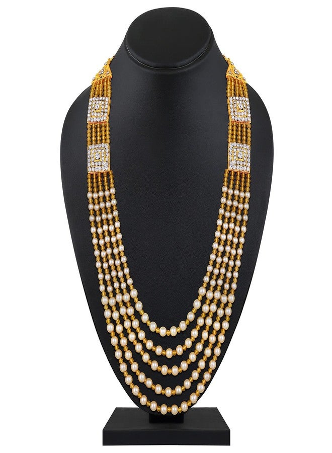 Mahi 5 Layers Golden and White Glass Beads Base Dulha Moti Mala Haar Necklace for Men's (ML1108098GGol) - Image 3
