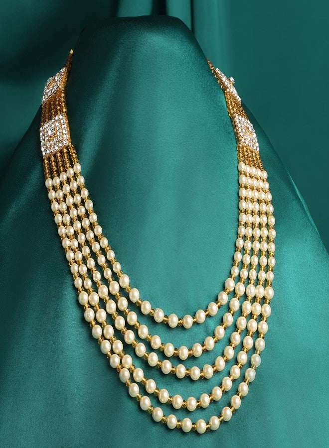 Mahi 5 Layers Golden and White Glass Beads Base Dulha Moti Mala Haar Necklace for Men's (ML1108098GGol) - Image 2