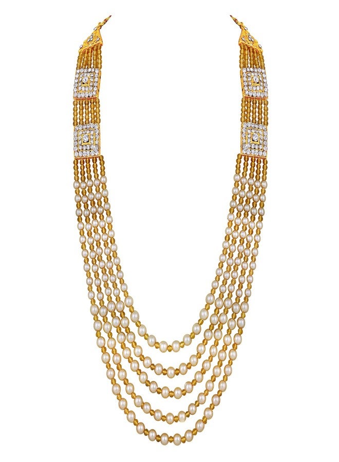 Mahi 5 Layers Golden and White Glass Beads Base Dulha Moti Mala Haar Necklace for Men's (ML1108098GGol) - Image 1