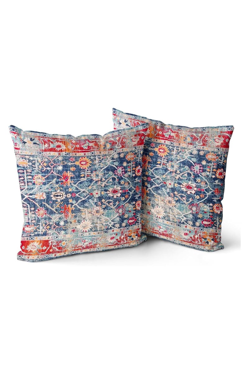 عام "غطاءان للوسائد على الطراز البوهيمي، أغطية وسائد زخرفية باللونين الأزرق البحري والأحمر بتصميمات هندسية وزراعية، من الكتان لديكور المنزل الريفي، لتزيين الأرائك أو الأماكن الخارجية، مقاس 45×45 سم." - Image 1