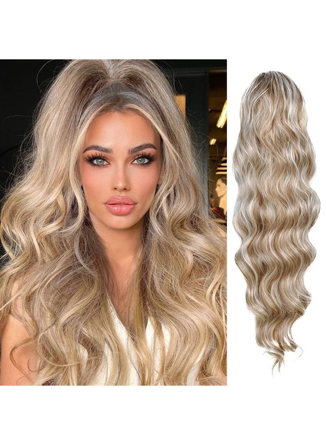 KETHBE 24 Inch Long Body Wave Ponytail hair Extension Synthetic Heat Resistant Wrap Around Drawstring Curly Wavy Ponytail Hairpieces for Women (P6H613) 