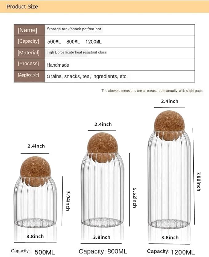 AZLVERA Glass Jar with wooden ball lid Set of 3 Capcity 70010001200 ml clear Glass storage food jar with cork ball lid for kitchen food containers set - Image 2