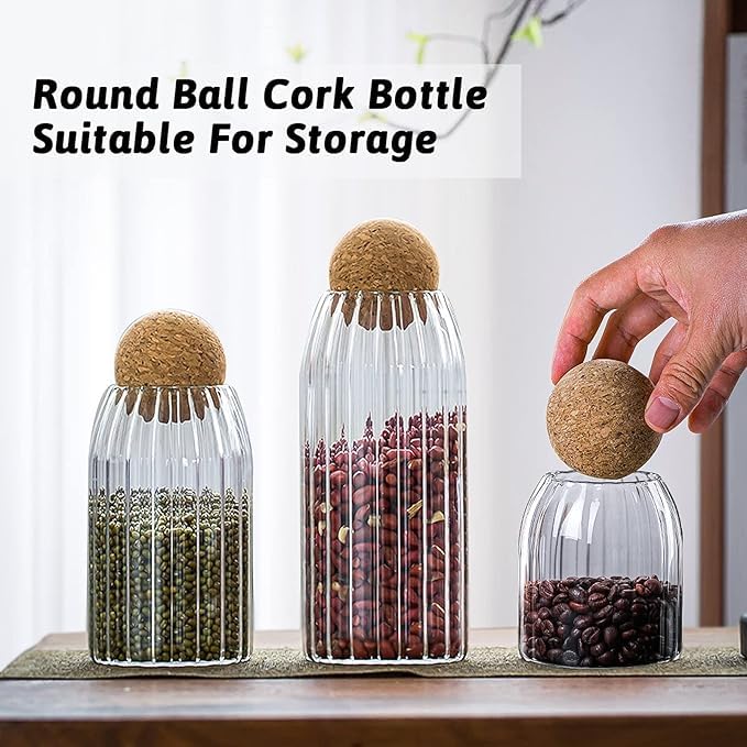 AZLVERA Glass Jar with wooden ball lid Set of 3 Capcity 70010001200 ml clear Glass storage food jar with cork ball lid for kitchen food containers set - Image 4