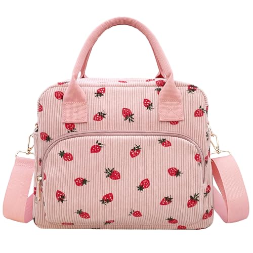 Beurlike Insulated Lunch Bag for Women Men Large Corduroy Cute Portable Leakproof Reusable Cooler Tote Lunch Bags for Work Picnic BeachStrawberry Pink - Image 1