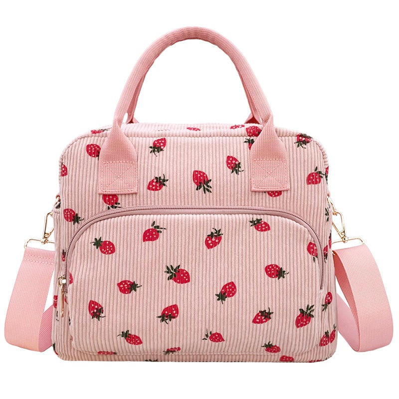 Beurlike Insulated Lunch Bag for Women Men Large Corduroy Cute Portable Leakproof Reusable Cooler Tote Lunch Bags for Work Picnic BeachStrawberry Pink - Image 2