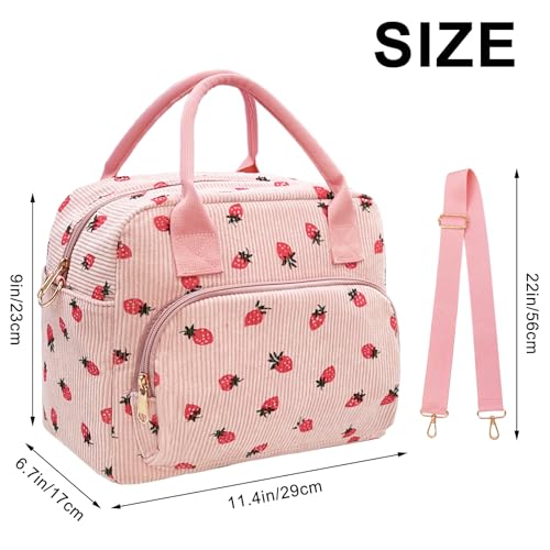 Beurlike Insulated Lunch Bag for Women Men Large Corduroy Cute Portable Leakproof Reusable Cooler Tote Lunch Bags for Work Picnic BeachStrawberry Pink - Image 3