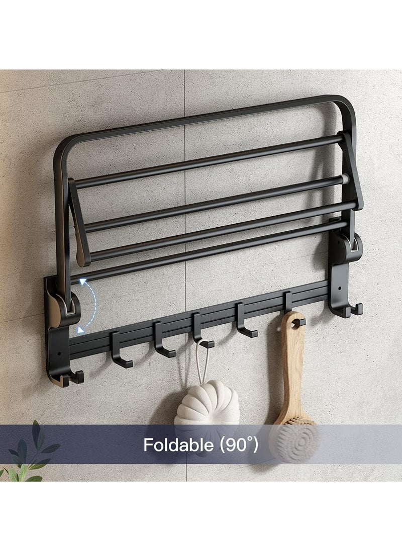 AUTOYSUR 24 Inch Towel Rack with Towel Bar Holder Foldable Towel Shelf with Movable Hooks Rustproof Towel Storage Wall Mount for Bathroom Lavatory Matte Black  - Image 3