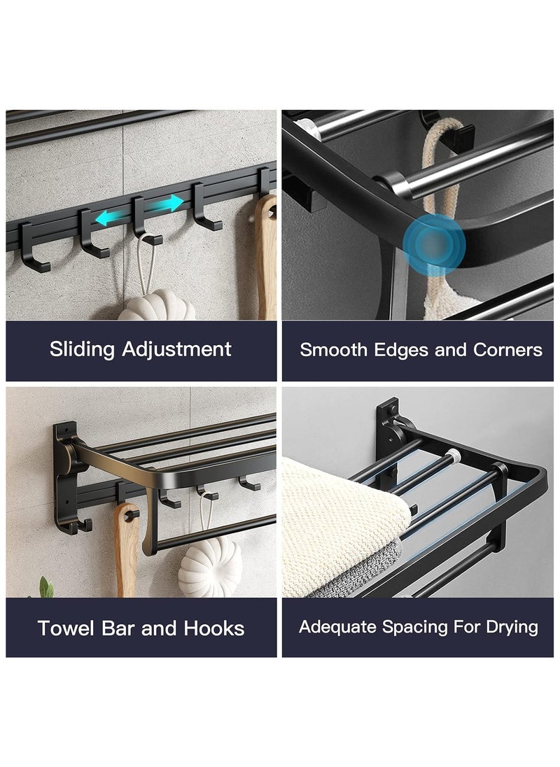AUTOYSUR 24 Inch Towel Rack with Towel Bar Holder Foldable Towel Shelf with Movable Hooks Rustproof Towel Storage Wall Mount for Bathroom Lavatory Matte Black  - Image 4