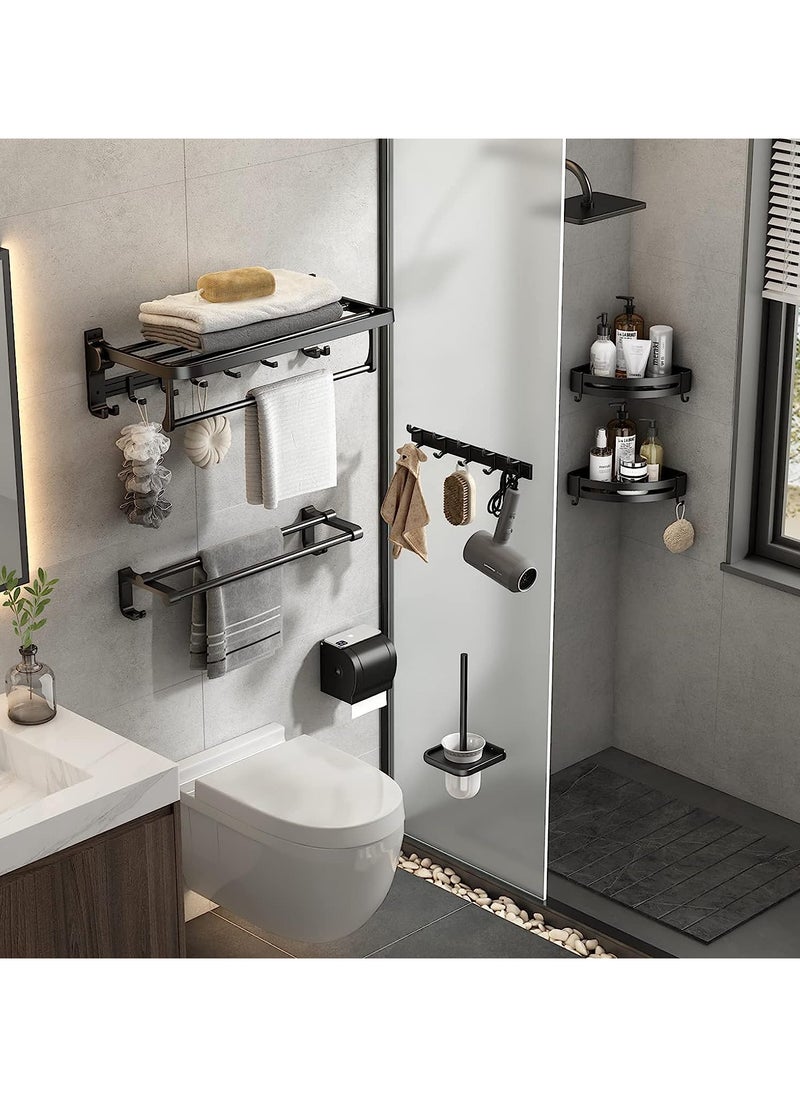 AUTOYSUR 24 Inch Towel Rack with Towel Bar Holder Foldable Towel Shelf with Movable Hooks Rustproof Towel Storage Wall Mount for Bathroom Lavatory Matte Black  - Image 2