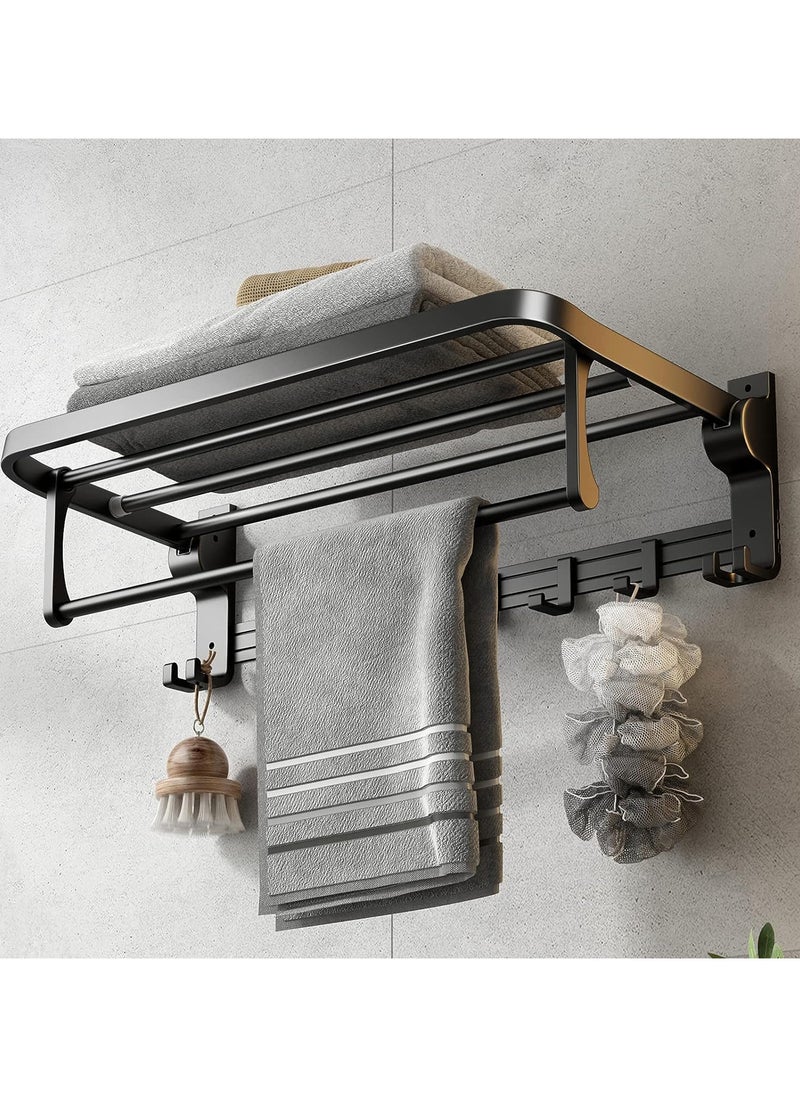 AUTOYSUR 24 Inch Towel Rack with Towel Bar Holder Foldable Towel Shelf with Movable Hooks Rustproof Towel Storage Wall Mount for Bathroom Lavatory Matte Black  - Image 1