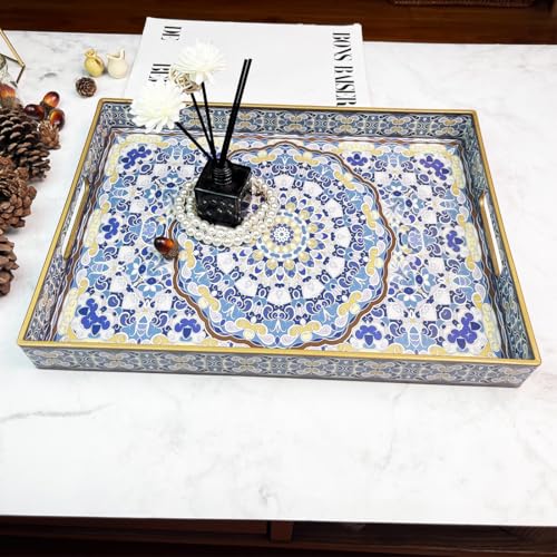 Umisriro Blue Decorative Tray, Serving Tray with Handles, Plastic Large Tray for Coffee Table, Living Room, Decor, 15.7”*11.8”*1.6" - Image 2
