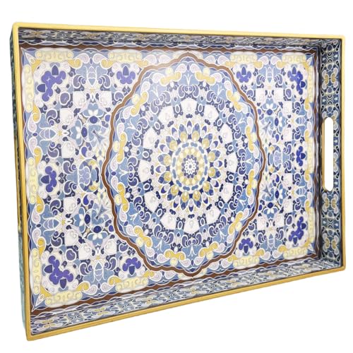 Umisriro Blue Decorative Tray, Serving Tray with Handles, Plastic Large Tray for Coffee Table, Living Room, Decor, 15.7”*11.8”*1.6" - Image 1