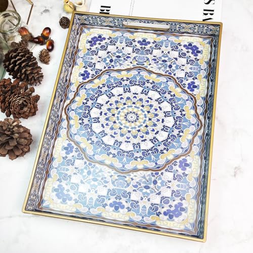 Umisriro Blue Decorative Tray, Serving Tray with Handles, Plastic Large Tray for Coffee Table, Living Room, Decor, 15.7”*11.8”*1.6" - Image 4