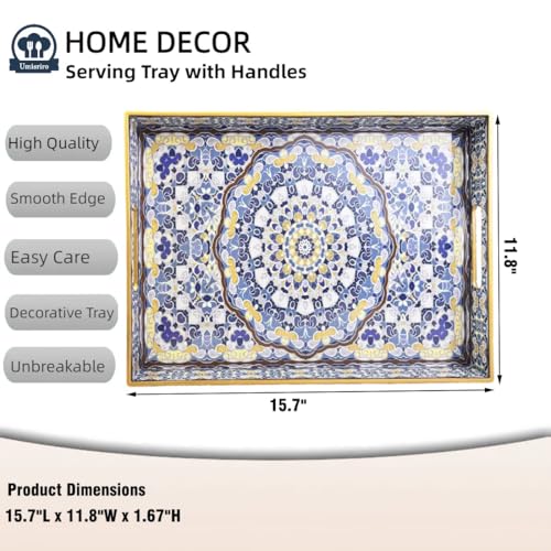 Umisriro Blue Decorative Tray, Serving Tray with Handles, Plastic Large Tray for Coffee Table, Living Room, Decor, 15.7”*11.8”*1.6" - Image 3