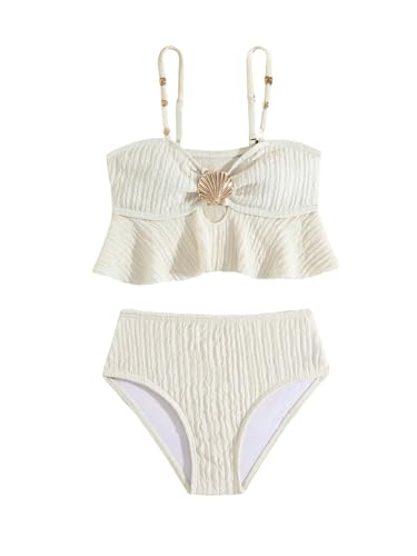 OYOANGLE Girl's Two Piece Metallic Shell Bikini Sets Cut Out Ruffle Top High Waist Hipster Swimsuit Apricot 12Y - Image 1