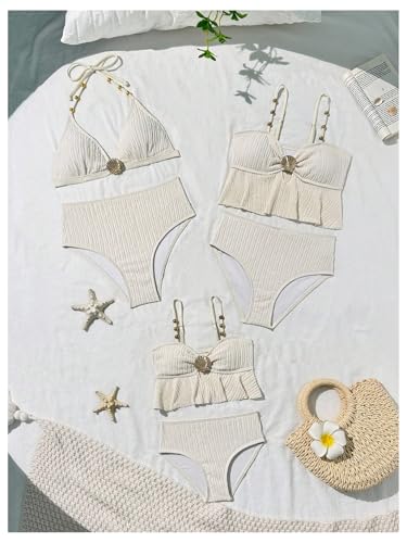 OYOANGLE Girl's Two Piece Metallic Shell Bikini Sets Cut Out Ruffle Top High Waist Hipster Swimsuit Apricot 12Y - Image 5