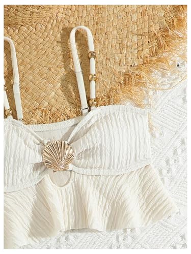 OYOANGLE Girl's Two Piece Metallic Shell Bikini Sets Cut Out Ruffle Top High Waist Hipster Swimsuit Apricot 12Y - Image 3