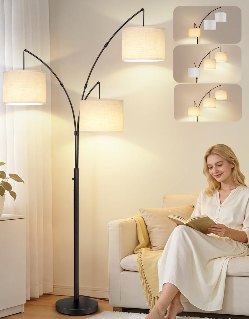 OUTON Arc Led Floor Lamp, Modern Black 3 Light Tall Floor Lamp for Bedroom, 2400lm Mid Century Adjustable Standing Corner Lamps for Living Room Office, 3 LED Bulbs Included, White Lampshade - Image 1