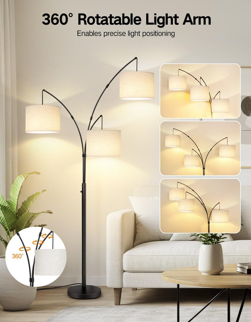 OUTON Arc Led Floor Lamp, Modern Black 3 Light Tall Floor Lamp for Bedroom, 2400lm Mid Century Adjustable Standing Corner Lamps for Living Room Office, 3 LED Bulbs Included, White Lampshade - Image 5