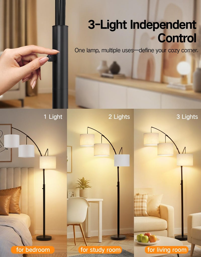 OUTON Arc Led Floor Lamp, Modern Black 3 Light Tall Floor Lamp for Bedroom, 2400lm Mid Century Adjustable Standing Corner Lamps for Living Room Office, 3 LED Bulbs Included, White Lampshade - Image 3