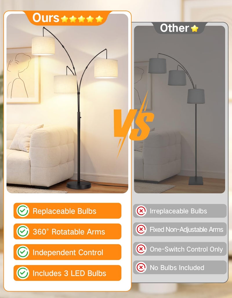OUTON Arc Led Floor Lamp, Modern Black 3 Light Tall Floor Lamp for Bedroom, 2400lm Mid Century Adjustable Standing Corner Lamps for Living Room Office, 3 LED Bulbs Included, White Lampshade - Image 2