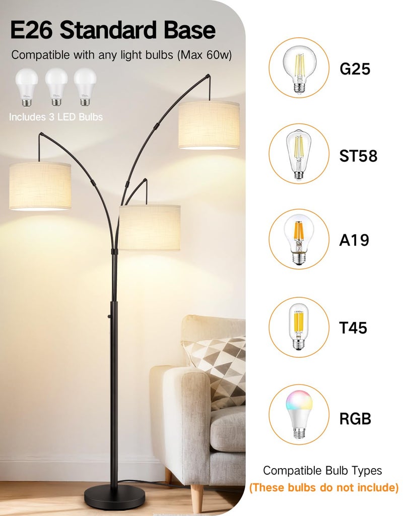 OUTON Arc Led Floor Lamp, Modern Black 3 Light Tall Floor Lamp for Bedroom, 2400lm Mid Century Adjustable Standing Corner Lamps for Living Room Office, 3 LED Bulbs Included, White Lampshade - Image 4
