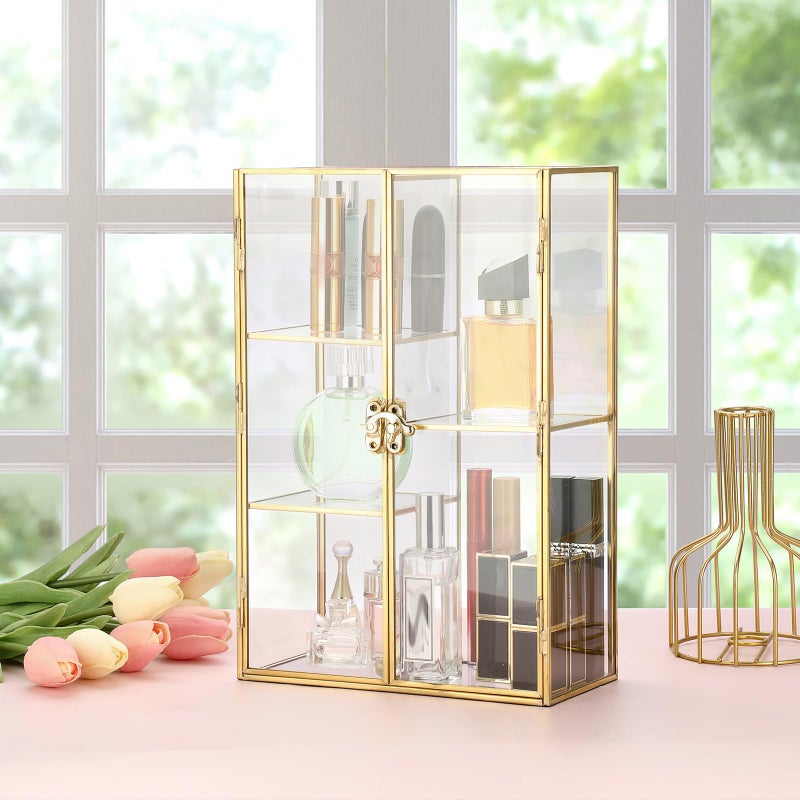 ELLDOO 5 Slots Clear Glass Storage Box, Gold Jewelry Makeup Display Organizer Case, Decorative Tower Box Storage for Trinket Perfume Lipstick Figure Statue Toy Display - Image 3