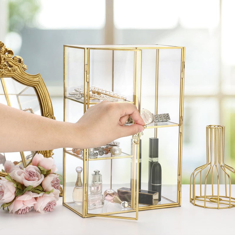 ELLDOO 5 Slots Clear Glass Storage Box, Gold Jewelry Makeup Display Organizer Case, Decorative Tower Box Storage for Trinket Perfume Lipstick Figure Statue Toy Display - Image 4