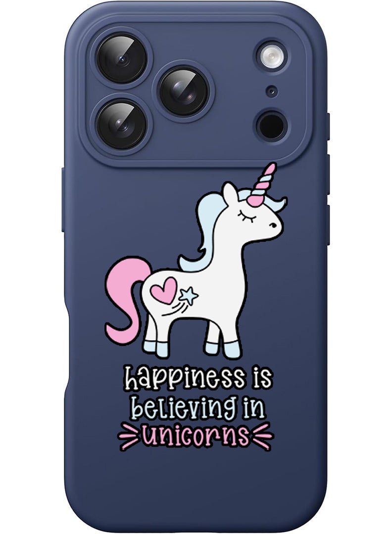 Theodor Protective Slim Fit Case Liquid Silicone Cover with Full Body Protection Anti-Scratch Shockproof Case For Apple iPhone 17 Pro (Blue) Happiness is believing in Unicorns - Image 1