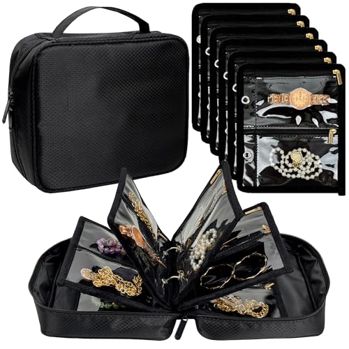 LingLingo Travel Jewelry Organizer Case,Jewelry Bags for Traveling, Jewelry Binder with 24 Pcs Clear Zipper Velvet Pouches for Storing Earrings, Rings, Necklace, Bracelet, Watch (Black) - Image 1