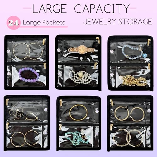 LingLingo Travel Jewelry Organizer Case,Jewelry Bags for Traveling, Jewelry Binder with 24 Pcs Clear Zipper Velvet Pouches for Storing Earrings, Rings, Necklace, Bracelet, Watch (Black) - Image 4