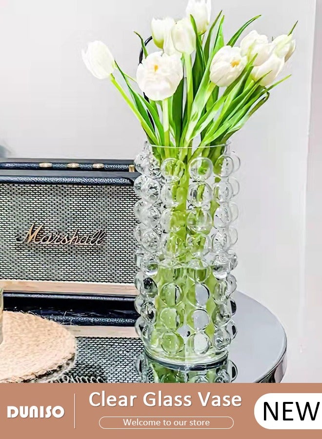 DUNISO Clear Glass Vase, Modern Decorative Vase, Large Irregular Shape Vintage Flower Vase, Minimalist Ins Style Embossed Glass Vase for Wedding Table Decorations Centerpieces, Crystal Vase for Living Room, Bedroom, Kitchen, Dining Table, Mantle  - Image 1