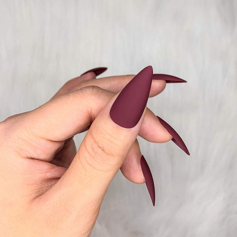 morily 24pcs Fake Nails Matte Pure Color Medium Long Stiletto Almond Press on Nail False Tips Artificial Finger Manicure for Women (Wine Red) - Image 5