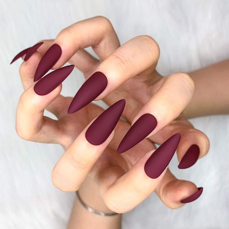 morily 24pcs Fake Nails Matte Pure Color Medium Long Stiletto Almond Press on Nail False Tips Artificial Finger Manicure for Women (Wine Red) - Image 2