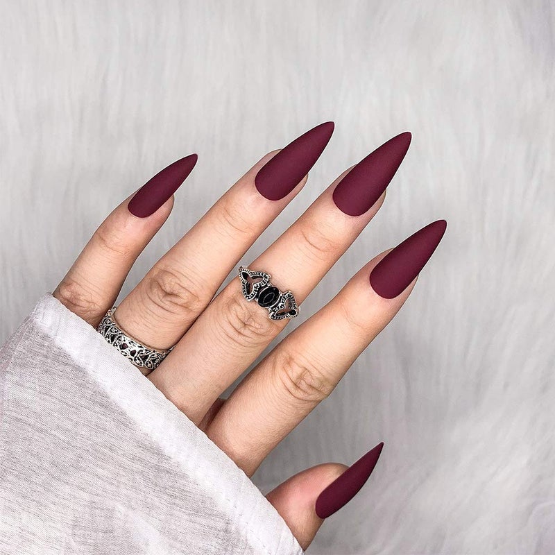 morily 24pcs Fake Nails Matte Pure Color Medium Long Stiletto Almond Press on Nail False Tips Artificial Finger Manicure for Women (Wine Red) - Image 4