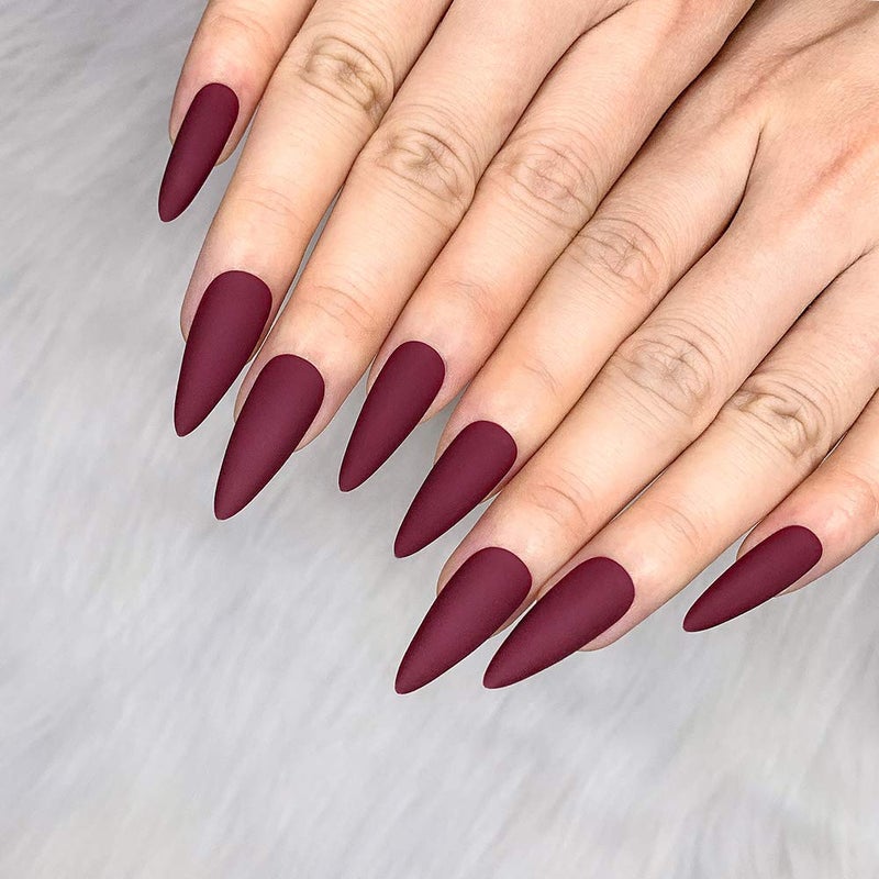 morily 24pcs Fake Nails Matte Pure Color Medium Long Stiletto Almond Press on Nail False Tips Artificial Finger Manicure for Women (Wine Red) - Image 1