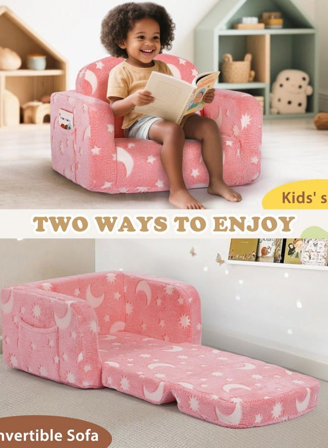 Foryoomi Kids Couch, 2-in-1 Soft Toddler Couch Fold Out with with Blanket and Cloud Pillow, Glow in The Dark, Convertible Sofa Comfy to Lounger, Gifts for Kids Girl Boys, Medium Grey Star, Medium Pink Moon - Image 3