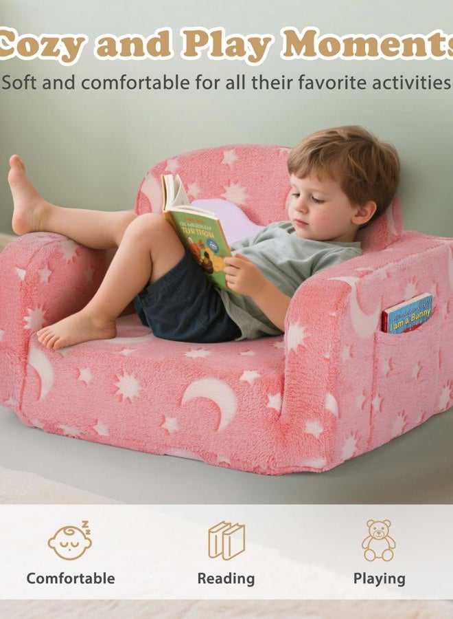 Foryoomi Kids Couch, 2-in-1 Soft Toddler Couch Fold Out with with Blanket and Cloud Pillow, Glow in The Dark, Convertible Sofa Comfy to Lounger, Gifts for Kids Girl Boys, Medium Grey Star, Medium Pink Moon - Image 2